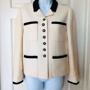 Chanel Iconic Cream and Black Boucle Button Up Blazer